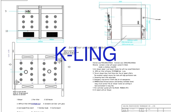 Paslanmaz çelik laboratuvar hava duşu LED aydınlatma sistemi ile 22-30m/s Hava hızı 1000-3000m3/h Hava akışı